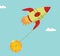 Bitcoin fly with rocket money and bank blockchain cryptocurrency. business crypto finance and growth vector illustration concept