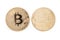 Bitcoin front and back, golden coins on white, clipping path