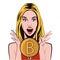 Bitcoin girl emotion of joy bitcoin. Conceptual vector illustration