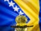 Bitcoin gold coin and defocused flag of Bosnia and Herzegovina background.