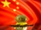 Bitcoin gold coin and defocused flag of China background. Virtual cryptocurrency concept.