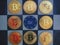 Bitcoin gold coins on chess board with casino chip