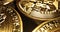 Bitcoin gold coins lying on the table. Close up. Bitcoin crypto currency. BTC coins. Blockchain technology, Bitcoin mining concept