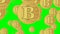 Bitcoin in gold flying on green screen, animated illustration