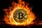 Bitcoin, the golden crypto coin, engulfed by open flames