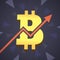 Bitcoin grow up illustration. Big golden bitcoin icon with arrow on backgound.
