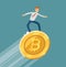 Bitcoin growing up, business concept. Successful businessman flying on gold coin. Flat modern design vector illustration
