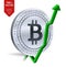 Bitcoin. Growth. Green arrow up. Bitcoin index rating go up on exchange market. Crypto currency. 3D isometric Physical Silver coin