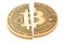 Bitcoin halving, concept. Bitcoin coin cut in half, 3D rendering