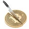 Bitcoin halving, concept. Knife cuts bitcoin in half, 3D rendering