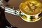 Bitcoin on hdd or harddrive, macro. Cyber security concept, data privacy