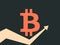 Bitcoin index rating. Trend up arrow. Cryptocurrency, blockchain. Symbol bitcoin on a black background. Vector