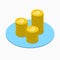 Bitcoin isometric concept with golden coins stack. Crypto currency bit coin and web money logo. Vector illustration.