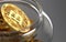 Bitcoin in a jar in blurry closeup shot lit by the sun. Best cryptocurrency storage concept. 3D rendering