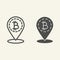 Bitcoin location line and glyph icon. Bitcoin and map pin vector illustration isolated on white. Cryptocurrency map