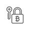 Bitcoin lock with key, cryptocurrency, blockchain line icon.
