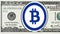 Bitcoin logo animation in frame of 100 dollar bill