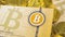 Bitcoin Logo Banknote Falls down on Coins Pile