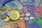 Bitcoin and Malaysian ringgit banknotes background