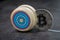 Bitcoin market price yoyo effect, swing up and down, cryptocurrency risk metaphor, wooden yo-yo toy with physical bitcoin coin on