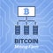 Bitcoin mining farm illustration with title. Computer mining cryptocurrency sign on on chipset background.