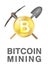 Bitcoin mining logo with golden bitcoin on pickaxe and shovel