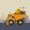 Bitcoin mining truck and worker with drill