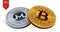 Bitcoin. Monero. 3D isometric Physical coins. Digital currency. Cryptocurrency. Silver coin with Monero symbol and golden coin wit