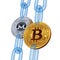 Bitcoin. Monero. Cryptocurrency. Blockchain. Golden Bitcoin and silver Monero coins with wireframe chain. 3D isometric Physical co