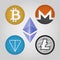 Bitcoin, monero, gram, ethereum, litecoin logo set. Web icon. Digital cryptocurrency emblem. Vector illustration.