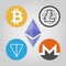 Bitcoin, monero, gram, ethereum, litecoin logo set. Web icon. Digital cryptocurrency emblem. Vector illustration.