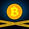 Bitcoin not accepted sign. Crypto monets not allowed with Police line and danger tapes. Virtual currency exchange. Concept danger