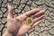 BITCOIN OVER DRY LAND IN HAND SYMBOLIZING GLOBAL WARMING AND CRYPTO MINING