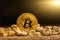 Bitcoin over mound of gold, cryptocurrency concept