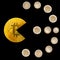 Bitcoin pacman shape eating euro coins symbol on black