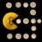 Bitcoin pacman shape eating euro money coins isolated on black