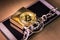 Bitcoin, padlock and chain over a screen