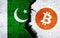 Bitcoin and Pakistan flag on a wall with a crack