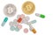 Bitcoin and pills isolated on white background 3D illustration