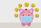 Bitcoin with pink pig on a grey background as metaphor for concept bitcoin growth or mining.