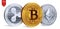 Bitcoin. Ripple. Ethereum. 3D isometric Physical coins. Digital currency. Cryptocurrency. Silver and golden coins with bitcoin, ri