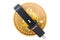 Bitcoin with safety belt. Security and protection concept, 3D re