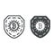 Bitcoin sign on shield, secured line and solid icon, cryptocurrency concept, protected BTC vector sign on white