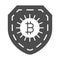 Bitcoin sign on shield, secured solid icon, cryptocurrency concept, protected BTC vector sign on white background, glyph