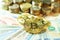 Bitcoin stack on multi national banknote bill background, bitcoin concept, dollar, baht, ringit, peso