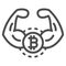 Bitcoin, strong currency, muscles, hands line icon, cryptocurrency concept, BTC power vector sign on white background