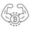 Bitcoin, strong currency, muscles, hands thin line icon, cryptocurrency concept, BTC power vector sign on white
