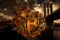 A bitcoin surrounded by fire in front of a bridge. Generative AI image.