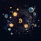 A bitcoin surrounded by planets and stars. AI generative image