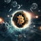 A bitcoin surrounded by space and planets. AI generative image